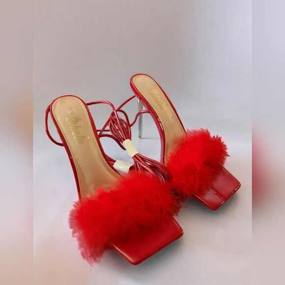 NWOT Shein Women's Red Clear Stiletto Heel Red Feather Red Leg Ties Size 8.5 - Picture 1 of 8